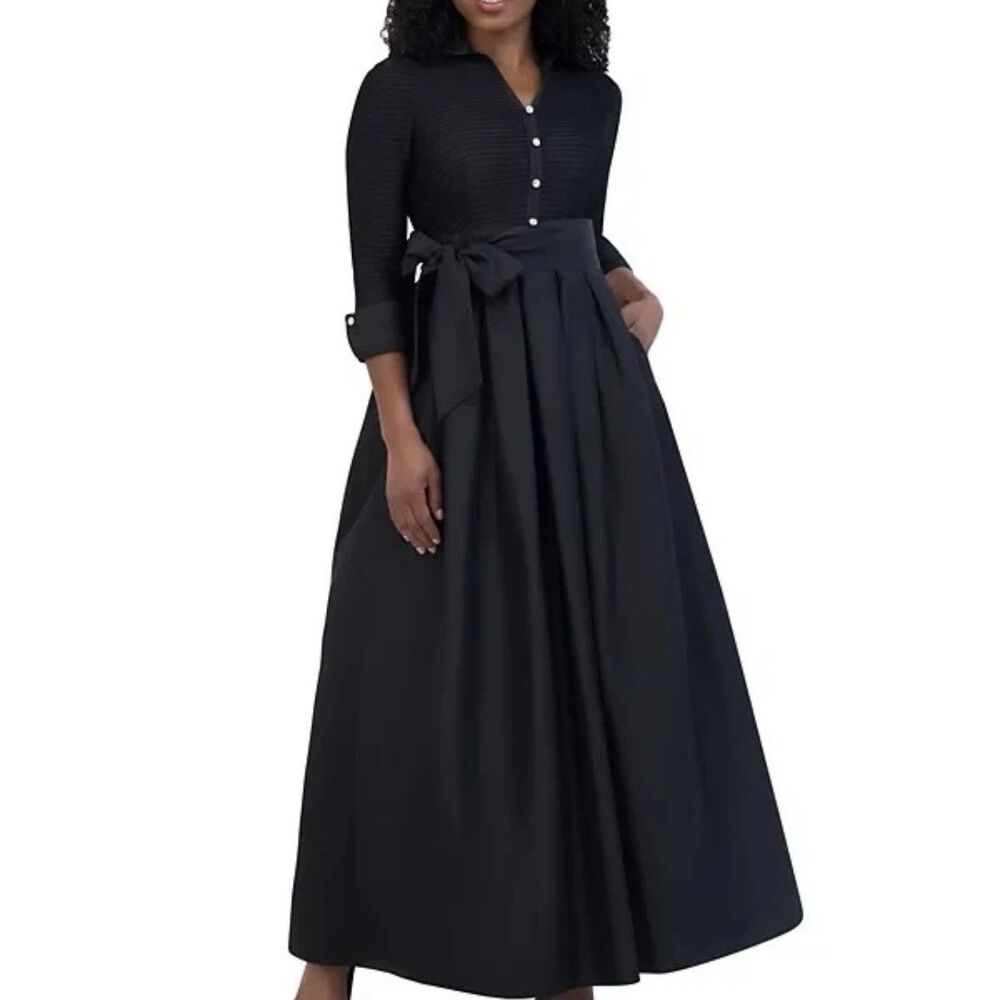 NWT Jessica Howard Women's 14P Black Mixed Media Tie Waist Ball Gown lined